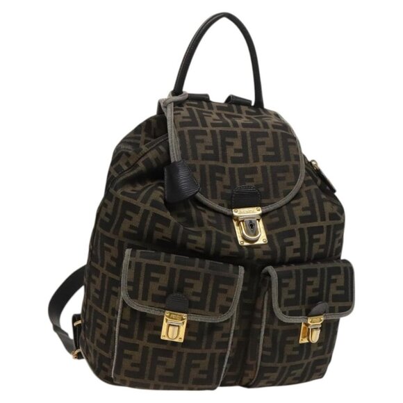 FENDI Zucca Canvas Backpack Black Brown gold Auth 123804 main image 16